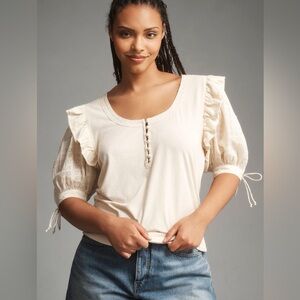 Anthropologie Embroidered Puff-Sleeve Top